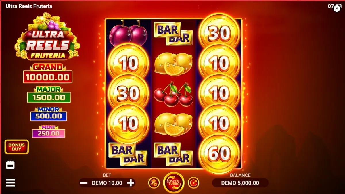 Tampilan visual mesin slot Ultra Reels Fruteria dengan simbol buah-buahan yang cerah